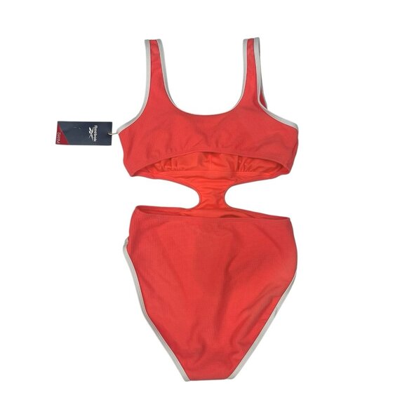 REEBOK Cutout Piping-Trim Tank One Piece Swimsuit Sz Small Neon Coral Monokini - Picture 3 of 9
